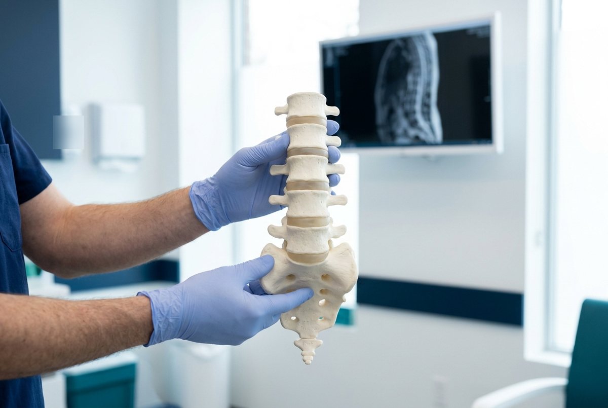 A surgeon's gloved hands holding a model of the lower spine, with a spine MRI on a monitor behind